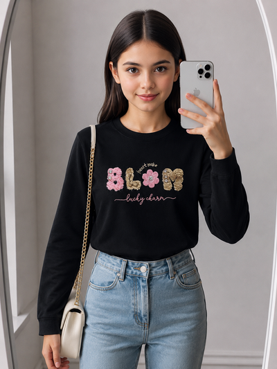 T-shirt fille manches longues noir 4 à 14 ans – Haut coton imprimé fleurs tendance – Tee-shirt automne hiver enfant