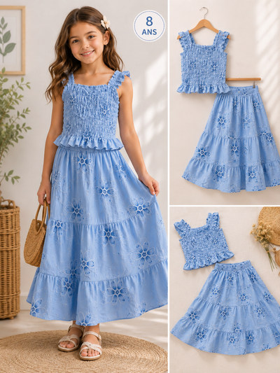 Ensemble fille jupe longue bohème chic ✨ Bleu fleuri • 4 ans à 14 ans