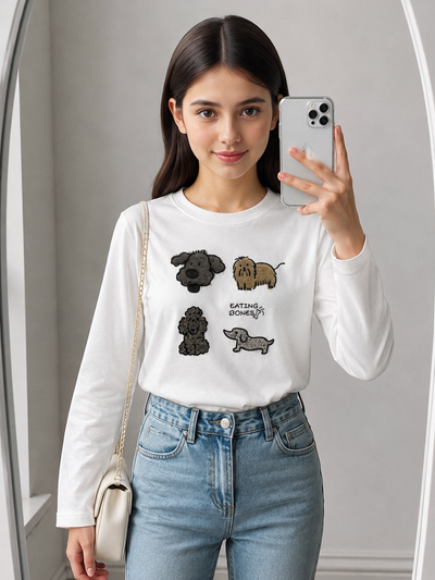 T-shirt fille manches longues blanc imprimé chiens 4 à 12 ans – Haut coton enfant tendance