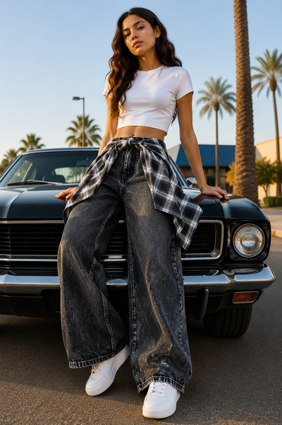 Jean Fille Wide Leg Noir avec Chemise à Carreaux Nouée – Pantalon Baggy Taille Haute Denim Oversize Streetwear 8-16 Ans
