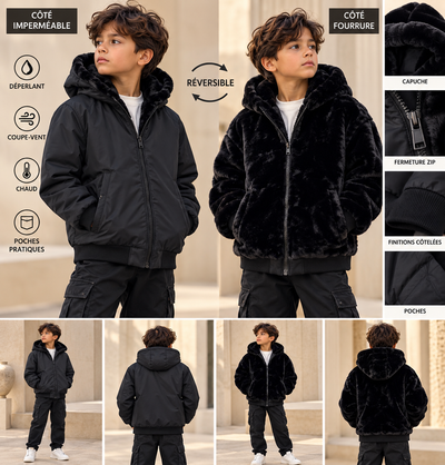 Blouson Réversible Garçon 2-en-1 – Veste Hiver Chaude à Capuche, Côté Imperméable Coupe-Vent et Côté Douce – Blouson Enfant