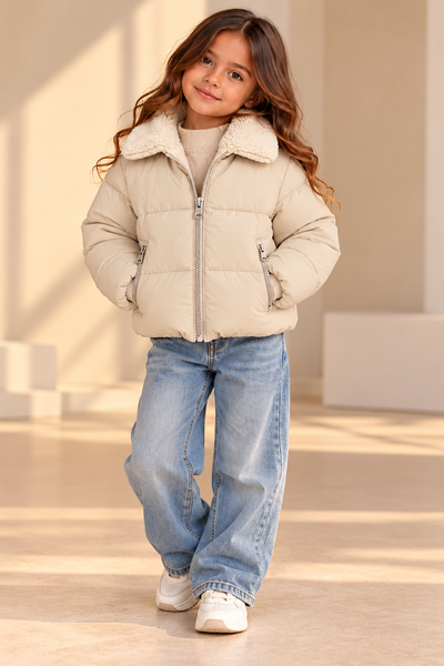 Doudoune Fille Hiver Beige Crème – Veste Matelassée Courte avec Col Fausse , Blouson Puffer Chaud, Manteau Enfant Tendance avec Poches