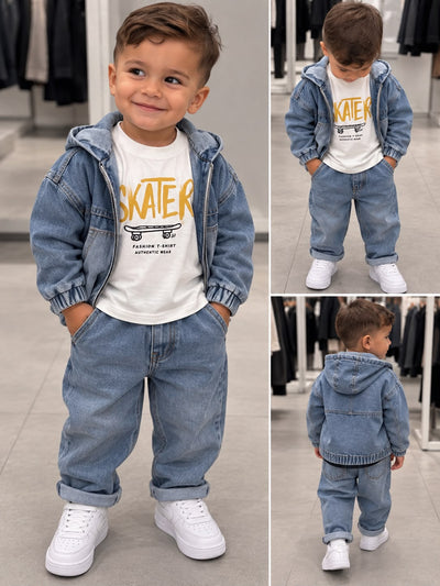 Ensemble Jean Garçon 3 Pièces – Veste en Jean à Capuche + Jean Coupe Ample + T-Shirt Imprimé – Tenue Denim Enfant