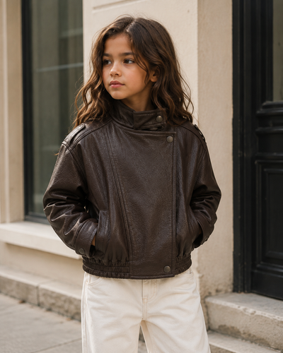 BLOUSON OVERSIZE EFFET CUIR CHOCOLAT FILLE