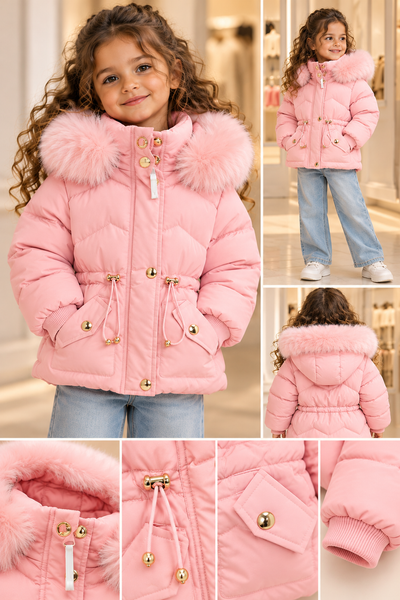 Doudoune Fille Bébé 1 à 5 Ans – Manteau Hiver Chaud à Capuche Fourrure Douce – Veste Matelassée Rose avec Taille Ajustable et Poches – Blouson Enfant Automne Hiver