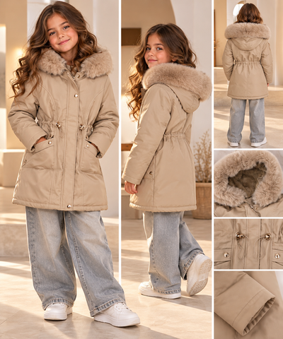 Parka Longue Fille Hiver avec Capuche en Fausse Fourrure – Manteau Chaud à Taille Ajustable – Beige, Rose, Noir-6/16 ans