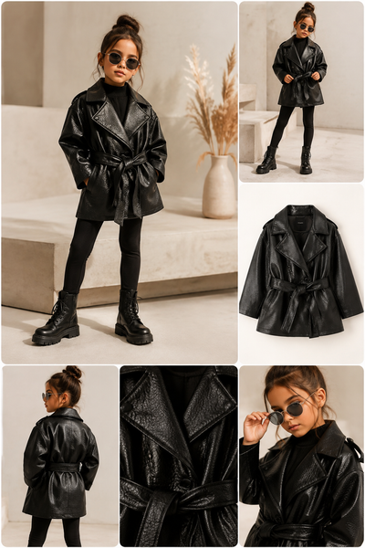 Trench Fille Effet Cuir Noir – Coupe Oversize, Ceinture à Nouer & Col à Revers – Veste Chic Mi-Saison