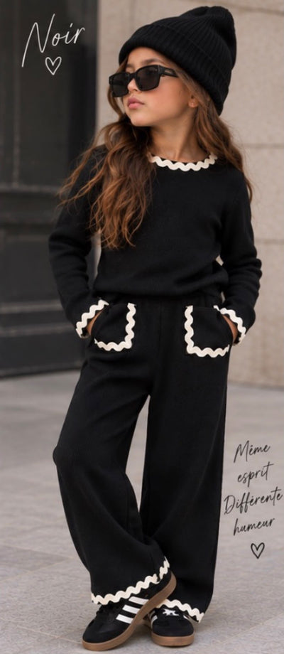 Ensemble Fille 2 Pièces  – Pull Manches Longues & Pantalon Large avec Finitions Ondulées Contrastées – Look Chic & Confortable – Automne/Hiver