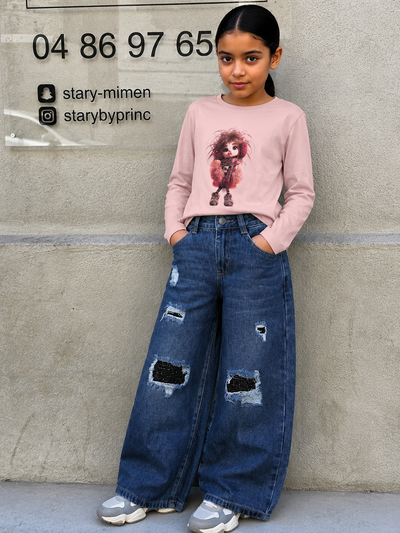 Jeans oversize fille paillettes