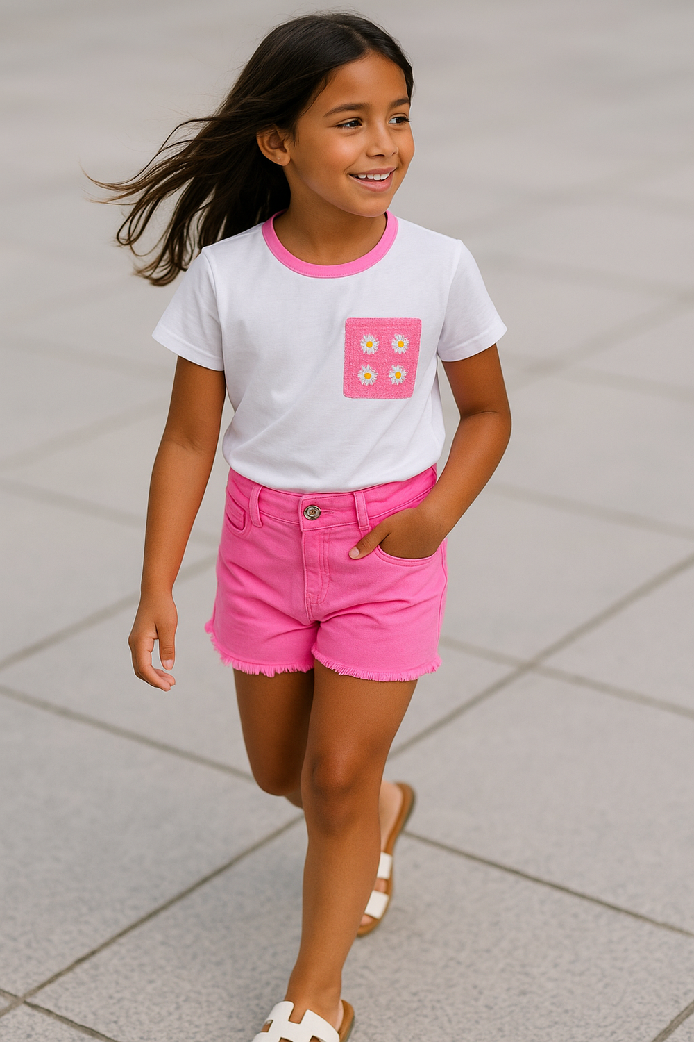 Ensemble Fille Été – T-shirt Marguerites + Short Jean Frangé