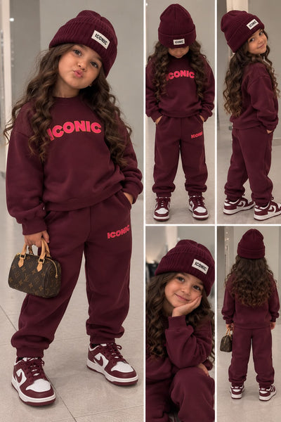 Ensemble jogging fille bordeaux ICONIC Sweat Oversize Col Rond + Pantalon Jogger – Tenue Confort Streetwear Enfant Automne Hiver