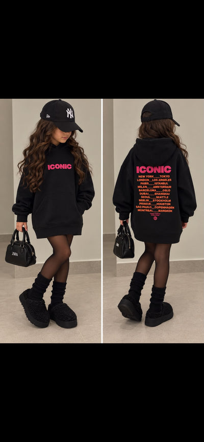Sweat Long à Capuche Fille Noir ICONIC – Hoodie Oversize Imprimé Avant & Dos – Sweat Streetwear Enfant Automne Hiver