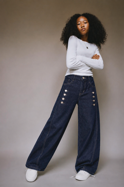 Jean Fille Wide Leg Bleu Foncé à Boutons Argentés | Pantalon Oversize Taille Haute Enfant 4 à 12 Ans