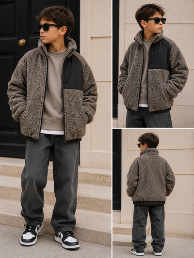 Manteau gris garçon
Manteau polaire épais pour garçons, veste chaude zippée à col montant avec empiècement contrastant noir et poches pratiques, coupe confortable et tendance