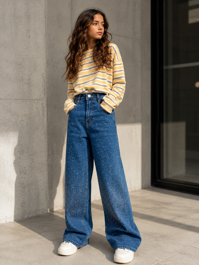 Jean Fille Oversize Strass Bleu – Pantalon Wide Leg Taille Haute – Style Zara & Coréen – 8 à 16 Ans | STARY