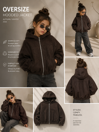 Veste Oversize Fille à Capuche – Blouson Zippé Effet Suédine, Manches Ballon & Coupe Ample – Veste Tendance Automne Hiver