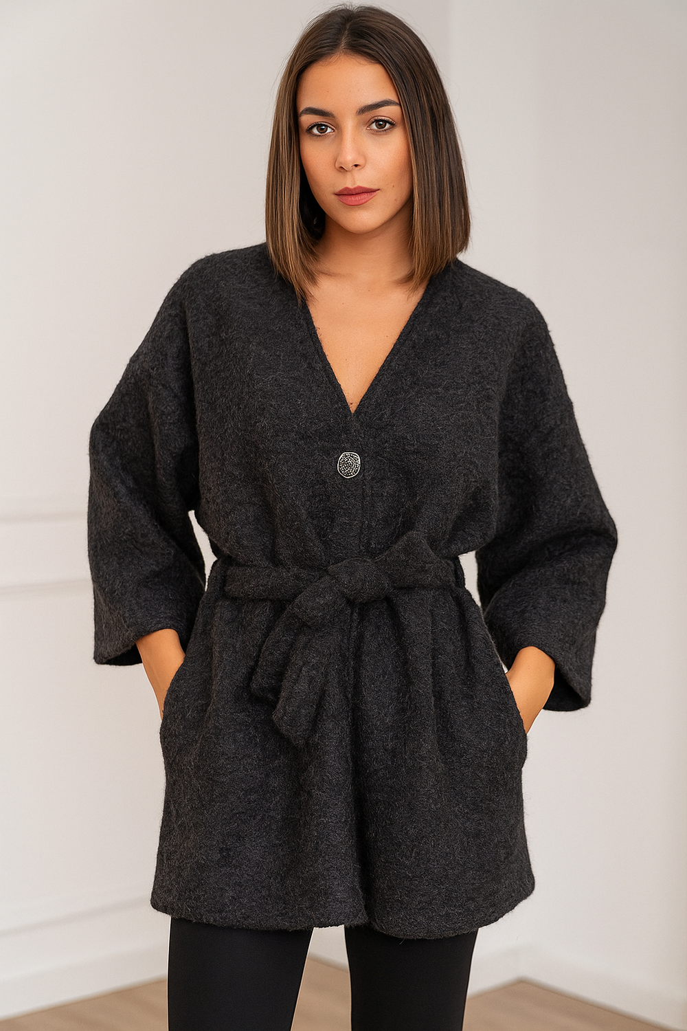 Manteau court gris texturé – Style cocoon & moderne