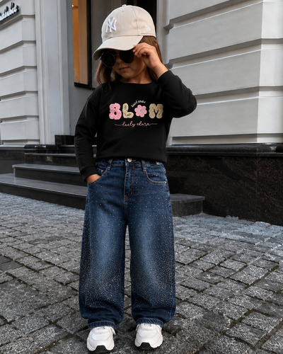 Jean Wide Leg Fille Bleu à Strass – Pantalon Oversize Brillant Tendance 4 à 14 Ans