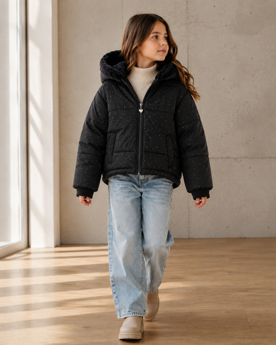 Doudoune 3 colorie à paillettes fille avec capuche doublée fourrure | Veste matelassée chaude hiver enfant 4-12 ans