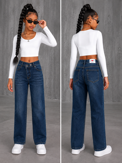 Jean Fille Wide Leg Taille Haute – Fermeture Asymétrique – Denim Bleu Oversize 6 ans-16 ans