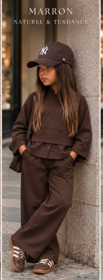 Ensemble Fille Marron Chocolat 2 Pièces – Haut Décontracté + Pantalon Large – Tenue Casual Chic Enfant Automne Hiver