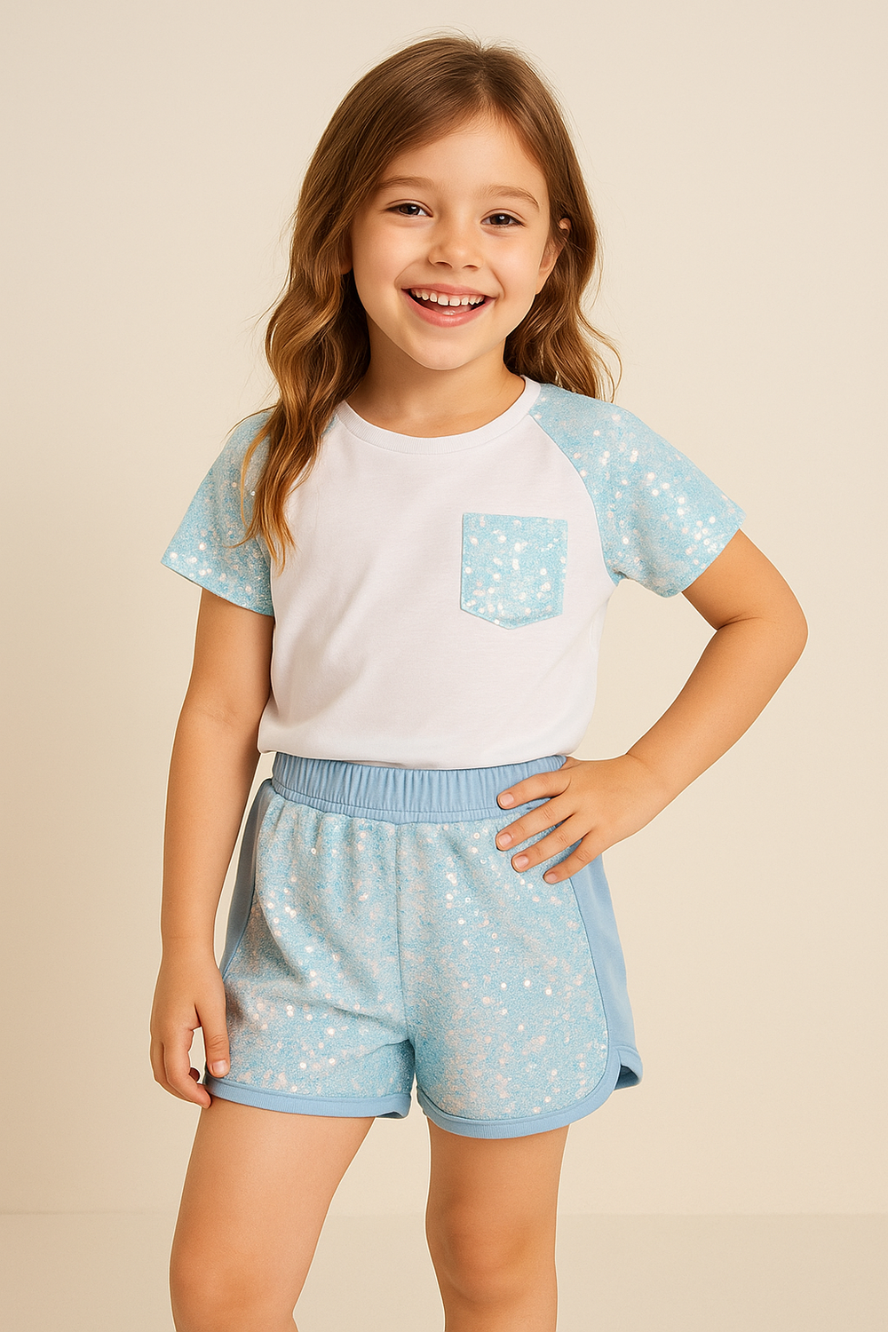 Ensemble Fille Pailleté – T-shirt Blanc & Short Iridescent