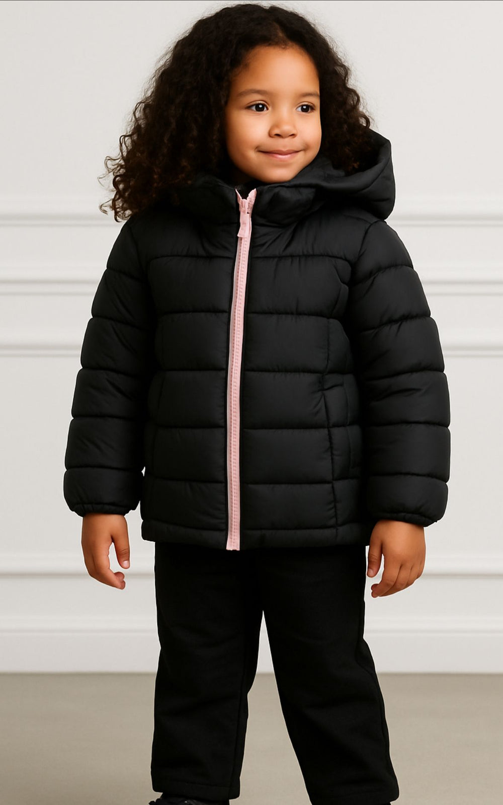 DOUDOUNE NOIRE ZIP ROSE FILLE