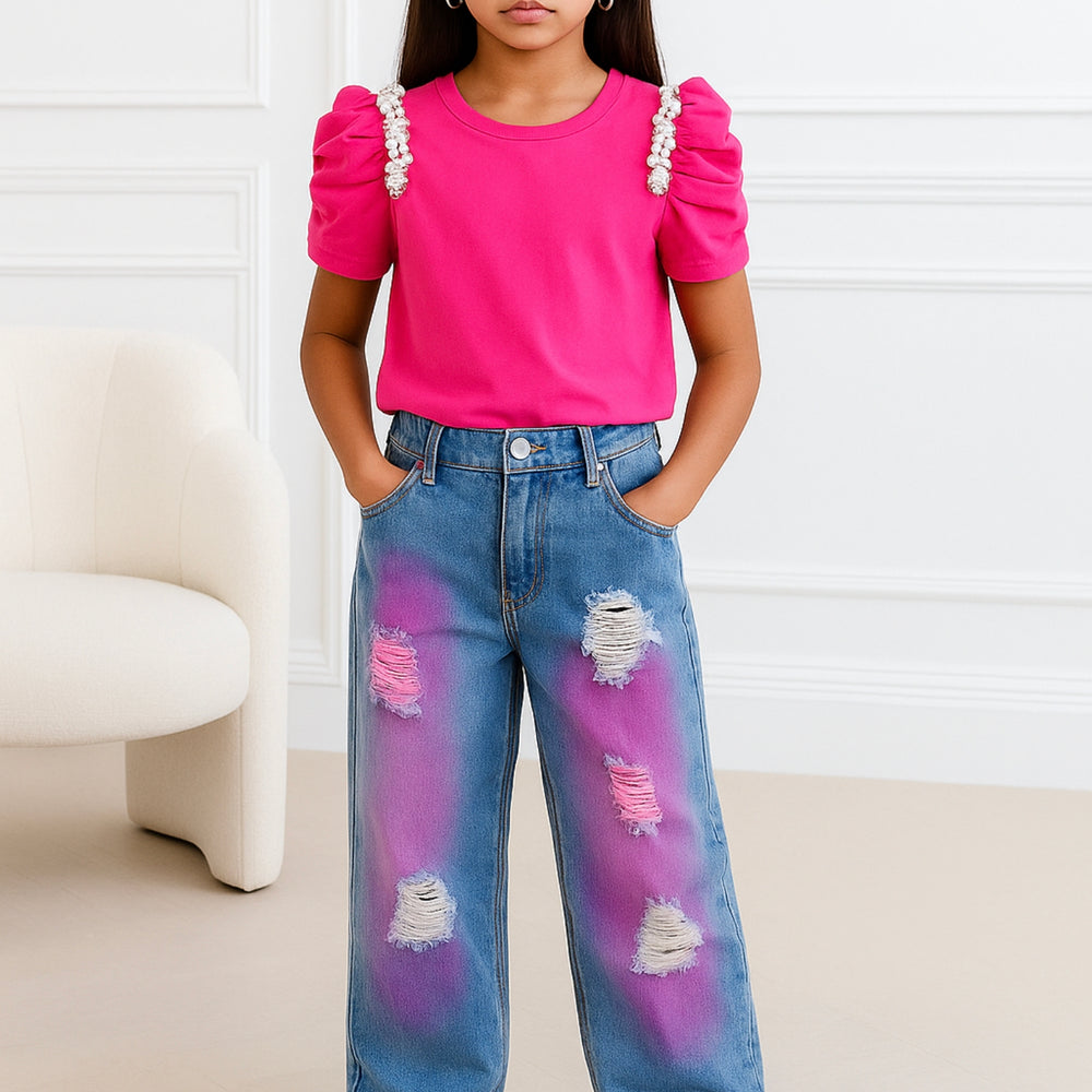 
                      
                        Jean destroy effet peinture rose
                      
                    