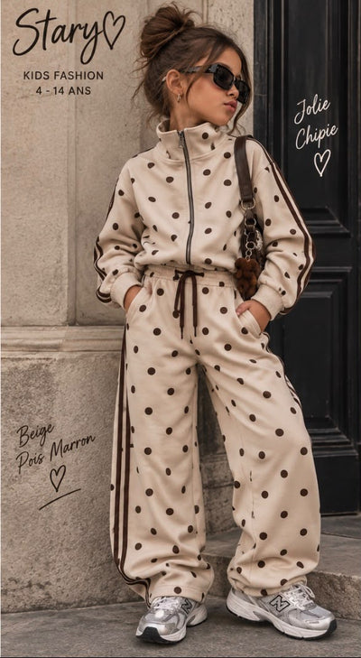 Ensemble fille à pois blancs – Veste zippée & pantalon large 4 colorie