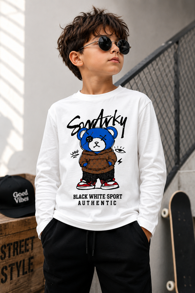 T-shirt Manches Longues Garçon avec Imprimé Ours Style Streetwear – Haut Blanc Col Rond, Look Urbain Tendance, Confortable et Décontracté