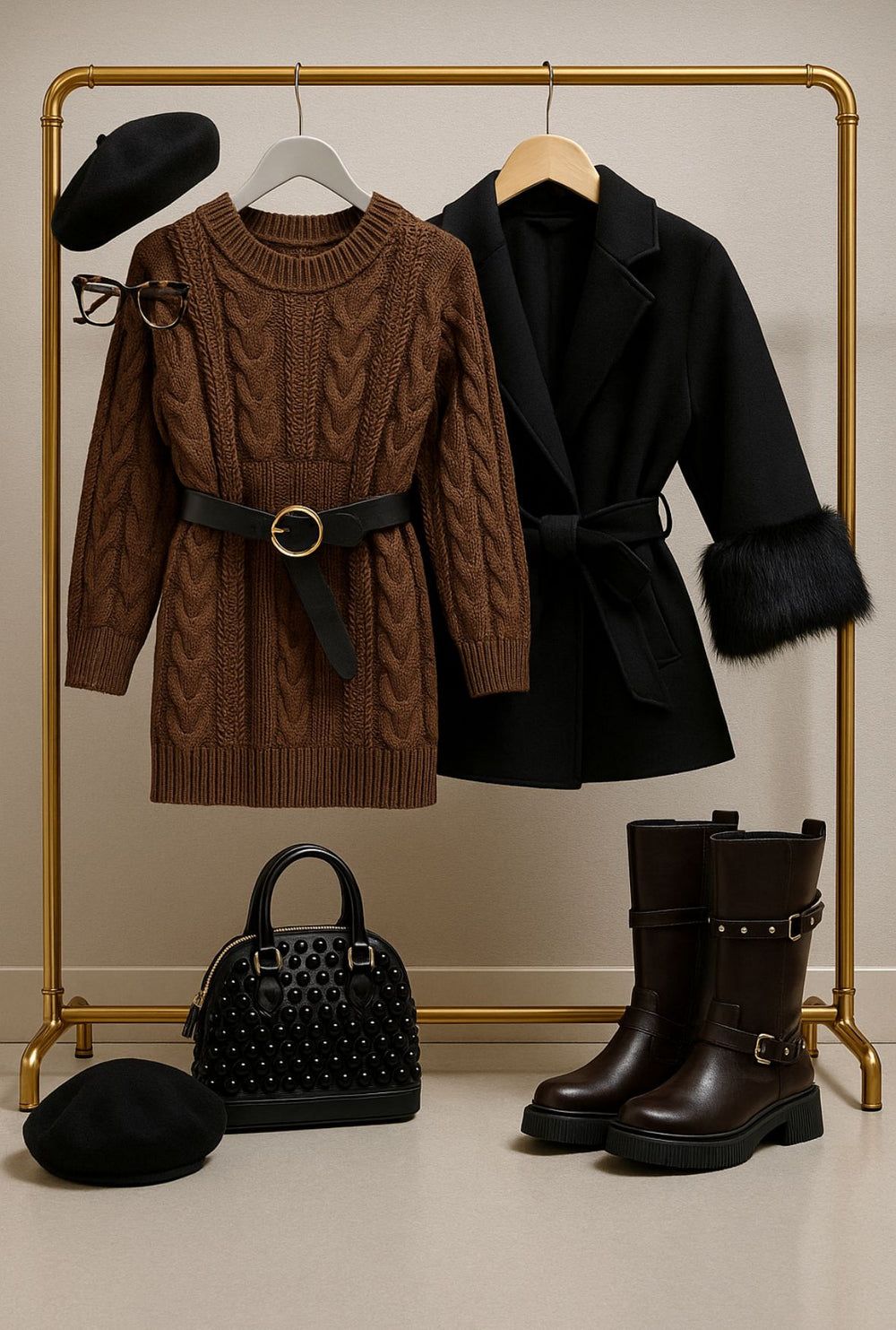 Élégance Hiver – Robe Pull + Manteau Luxe Fille