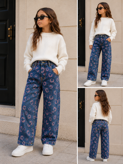 Jean imprimé rose fille
Jean large oversize pour filles, pantalon en denim bleu à motifs fantaisie roses, taille haute avec poches pratiques, coupe ample tendance et confortable