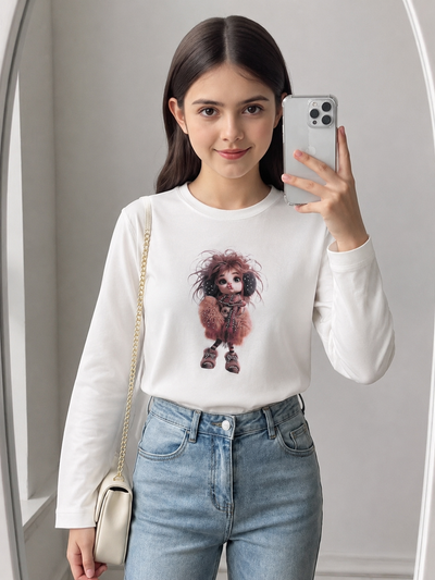 T-shirt fille manches longues blanc imprimé poupée 4 à 12 ans – Haut coton mode enfant