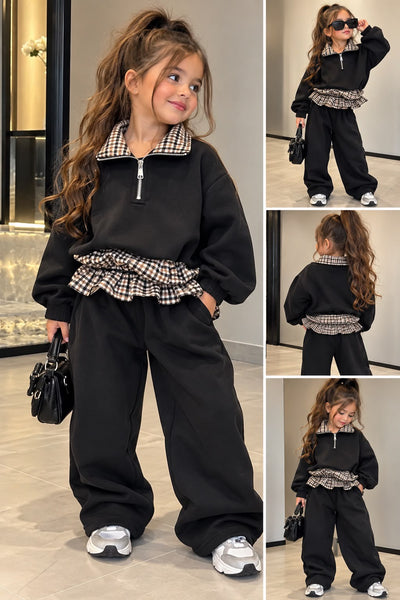 Ensemble fille 2 pièces noir – Sweat oversize demi-zip à carreaux + pantalon large – Tenue tendance enfant 4 à 14 ans