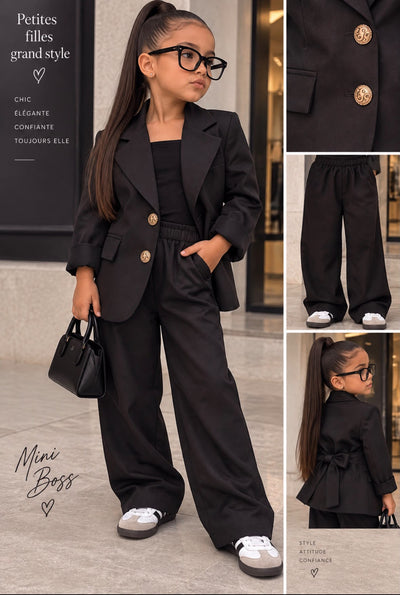 Ensemble Tailleur Fille 2 Pièces – Blazer Chic Ceinturé & Pantalon Large – Tenue Élégante et Tendance – Cérémonie, Fête & Occasion