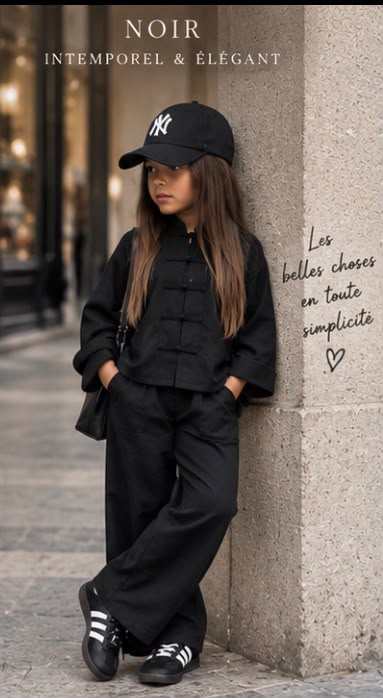 Ensemble Fille Noir 2 Pièces – Veste Courte + Pantalon Large – Tenue Chic Décontractée Enfant Élégante & Tendance
