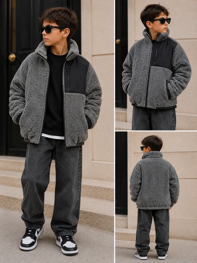 Manteau gris garçon
Manteau polaire épais pour garçons, veste chaude zippée à col montant avec empiècement contrastant noir et poches pratiques, coupe confortable et tendance Noir