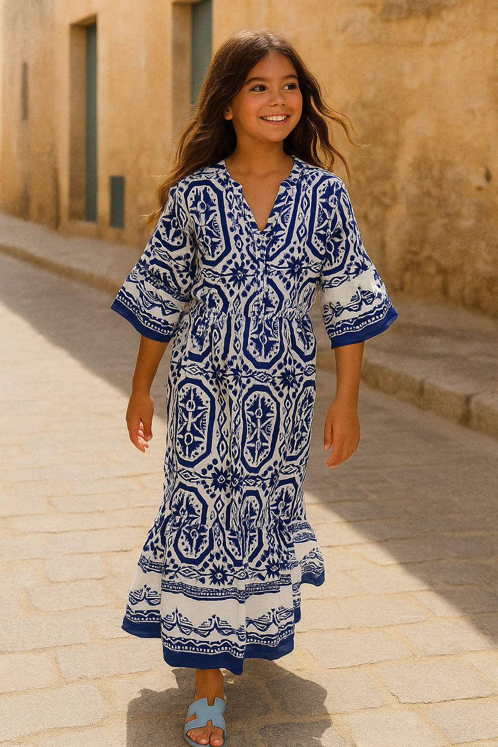 Robe Fille Évasée – Motif Méditerranéen
