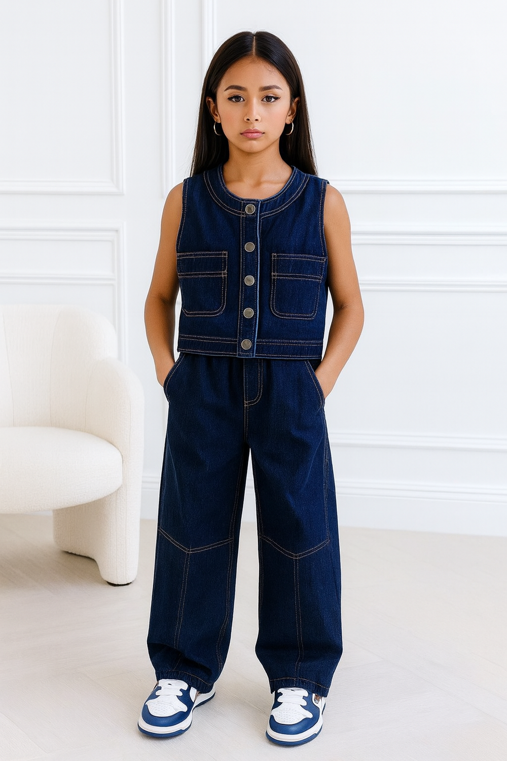 Ensemble Jean Sans Manches & Pantalon Large – Style Urbain Fille